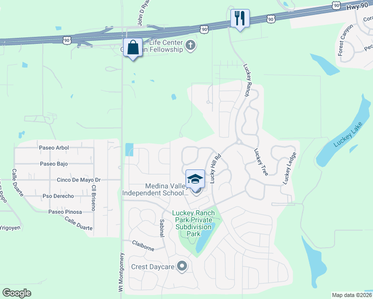 map of restaurants, bars, coffee shops, grocery stores, and more near 6530 Luckey Square in San Antonio