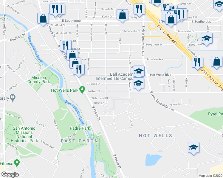 map of restaurants, bars, coffee shops, grocery stores, and more near 219 Koehler Court in San Antonio