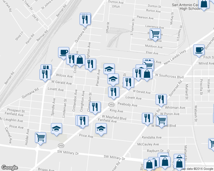map of restaurants, bars, coffee shops, grocery stores, and more near 2743 West Gerald Avenue in San Antonio