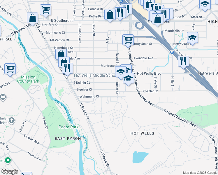 map of restaurants, bars, coffee shops, grocery stores, and more near 257 Koehler Court in San Antonio
