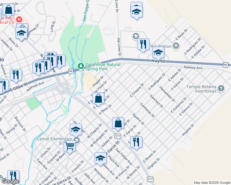 map of restaurants, bars, coffee shops, grocery stores, and more near 301-303 East Cortinas Street in Del Rio