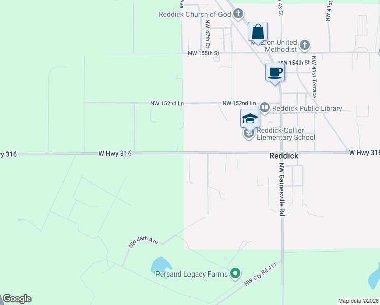 map of restaurants, bars, coffee shops, grocery stores, and more near 4873 West Highway 316 in Reddick