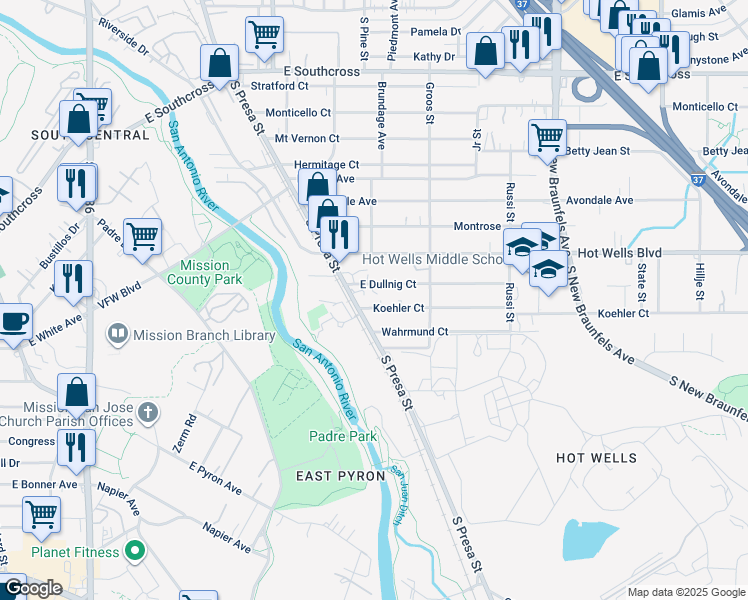 map of restaurants, bars, coffee shops, grocery stores, and more near 117 Koehler Court in San Antonio