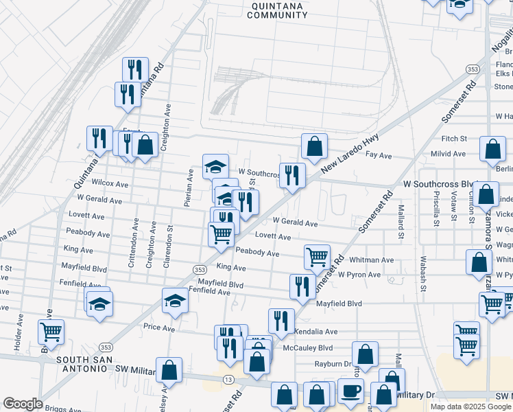 map of restaurants, bars, coffee shops, grocery stores, and more near 142 Gifford Street in San Antonio