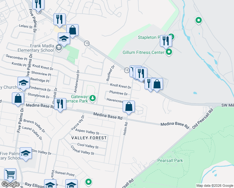 map of restaurants, bars, coffee shops, grocery stores, and more near 5434 Plumtree Drive in San Antonio
