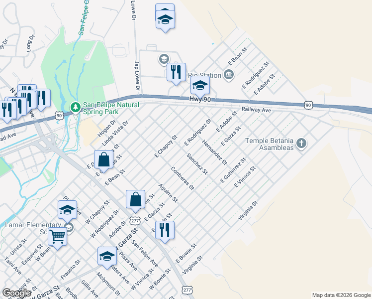 map of restaurants, bars, coffee shops, grocery stores, and more near 416-498 East Rodriguez Street in Del Rio