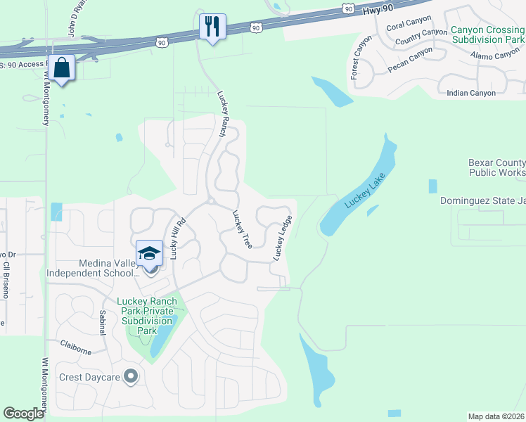 map of restaurants, bars, coffee shops, grocery stores, and more near 11403 Luckey Ledge in San Antonio