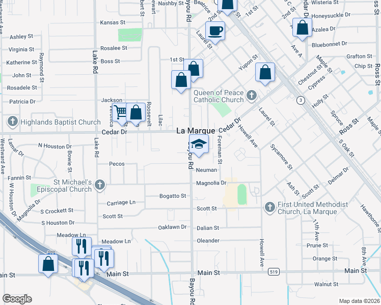 map of restaurants, bars, coffee shops, grocery stores, and more near 1431 Bayou Road in La Marque