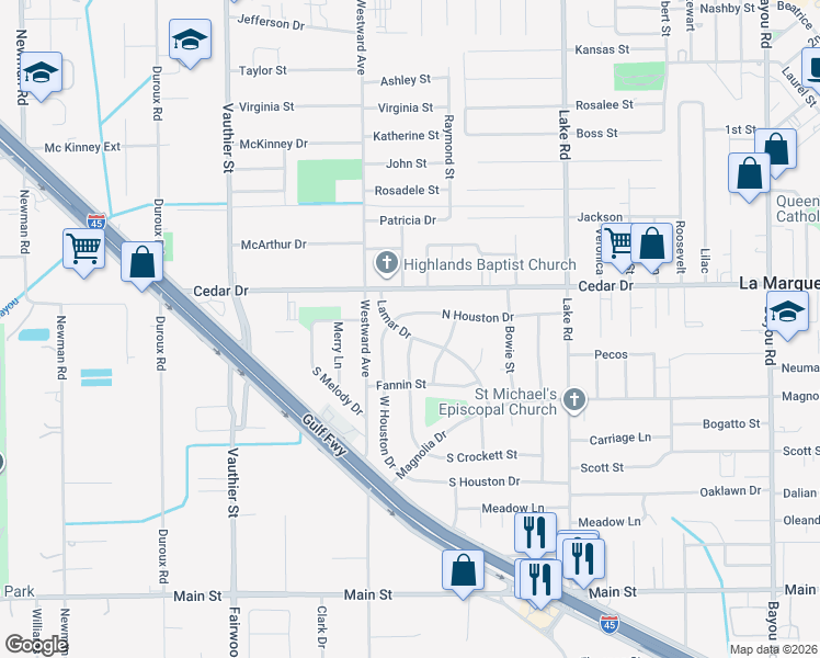 map of restaurants, bars, coffee shops, grocery stores, and more near 1305 Lamar Drive in La Marque