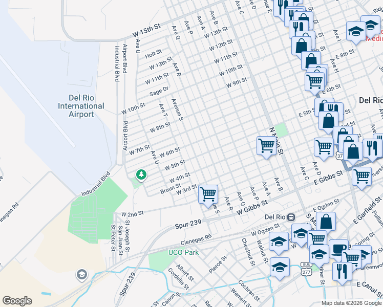 map of restaurants, bars, coffee shops, grocery stores, and more near 702 Avenue South in Del Rio