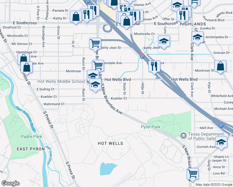 map of restaurants, bars, coffee shops, grocery stores, and more near 501 Koehler Court in San Antonio