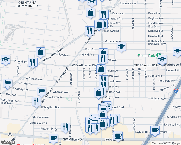 map of restaurants, bars, coffee shops, grocery stores, and more near 1110 Linden Avenue in San Antonio