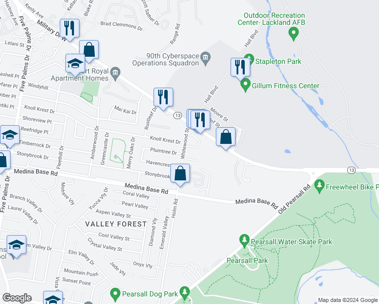 map of restaurants, bars, coffee shops, grocery stores, and more near 200 Whitewood Street in San Antonio