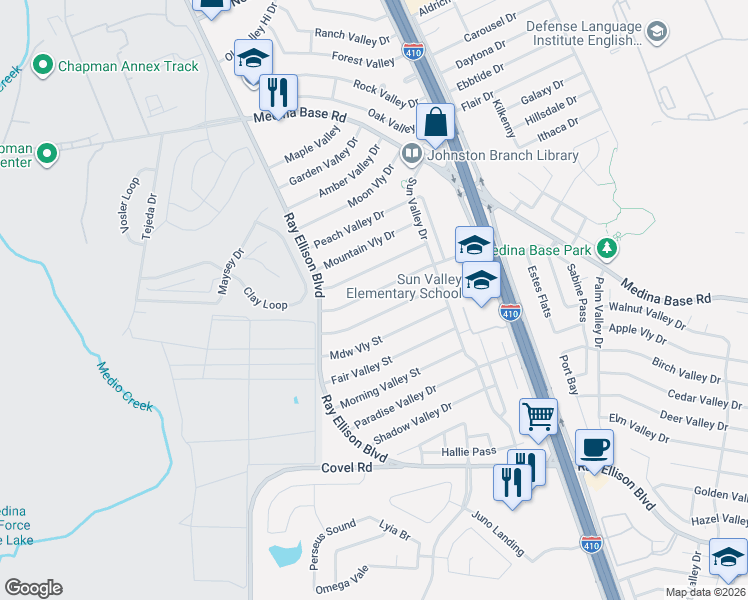 map of restaurants, bars, coffee shops, grocery stores, and more near 150 Lake Valley Street in San Antonio