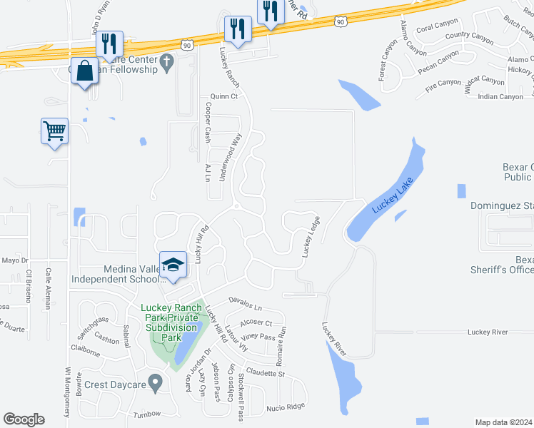 map of restaurants, bars, coffee shops, grocery stores, and more near 11627 Luckey Vista in San Antonio