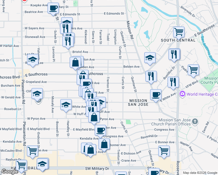 map of restaurants, bars, coffee shops, grocery stores, and more near 414 Trenton Street in San Antonio