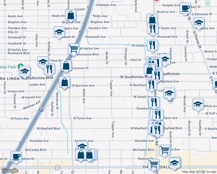 map of restaurants, bars, coffee shops, grocery stores, and more near 402 West Burcham Avenue in San Antonio