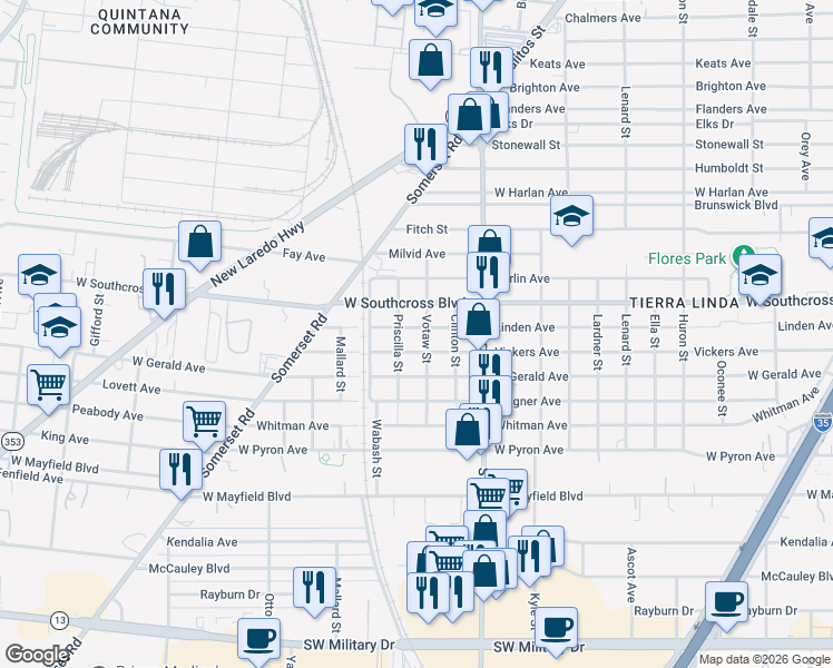map of restaurants, bars, coffee shops, grocery stores, and more near 1110 Linden Avenue in San Antonio