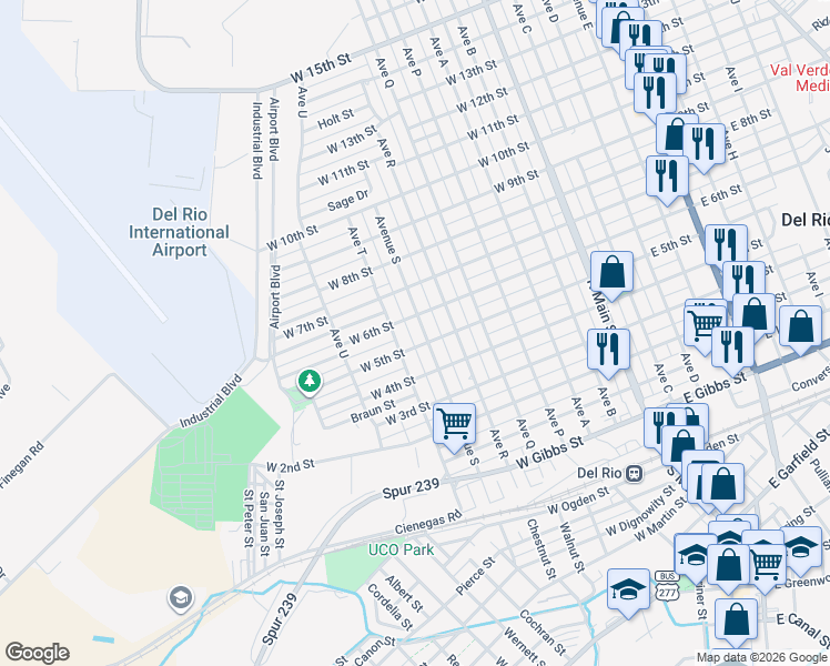 map of restaurants, bars, coffee shops, grocery stores, and more near 702 Avenue South in Del Rio