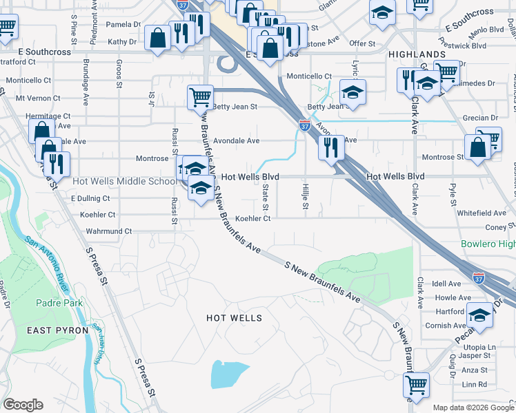 map of restaurants, bars, coffee shops, grocery stores, and more near 501 Koehler Court in San Antonio