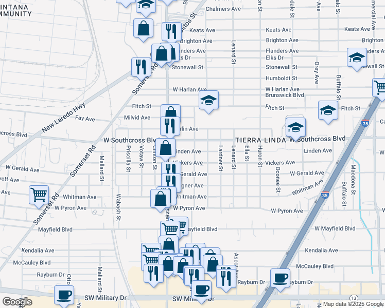 map of restaurants, bars, coffee shops, grocery stores, and more near 702 Linden Avenue in San Antonio