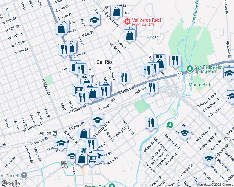 map of restaurants, bars, coffee shops, grocery stores, and more near 201 Avenue I in Del Rio