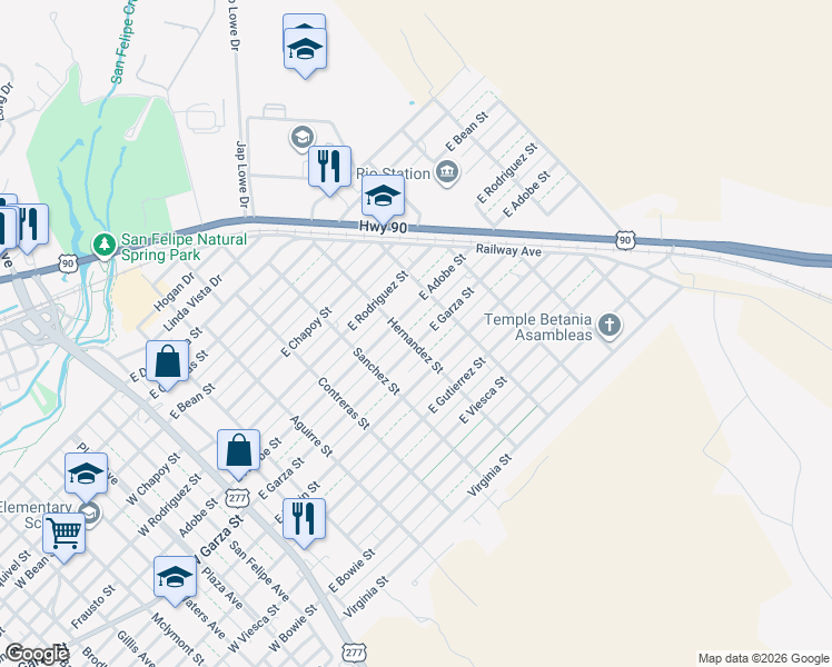map of restaurants, bars, coffee shops, grocery stores, and more near 602 East Garza Street in Del Rio