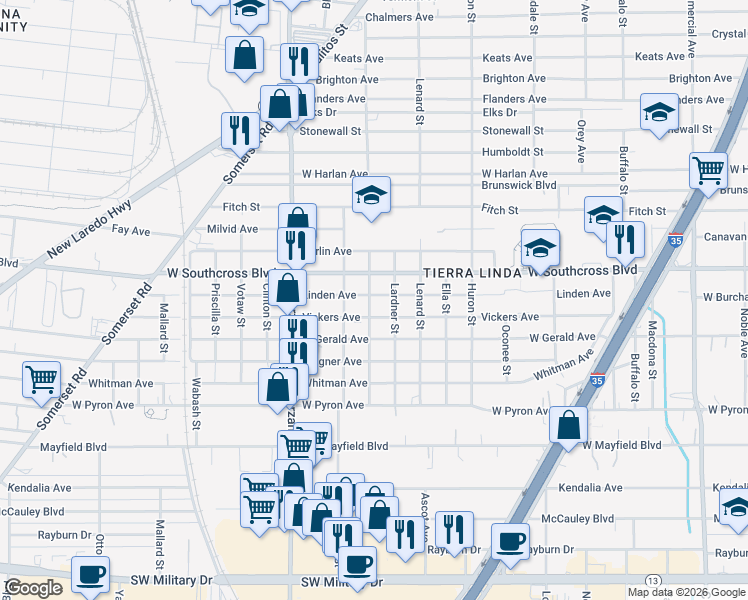 map of restaurants, bars, coffee shops, grocery stores, and more near 522 Linden Avenue in San Antonio