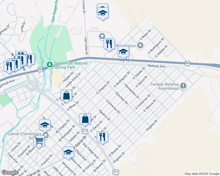 map of restaurants, bars, coffee shops, grocery stores, and more near 416 East Rodriguez Street in Del Rio