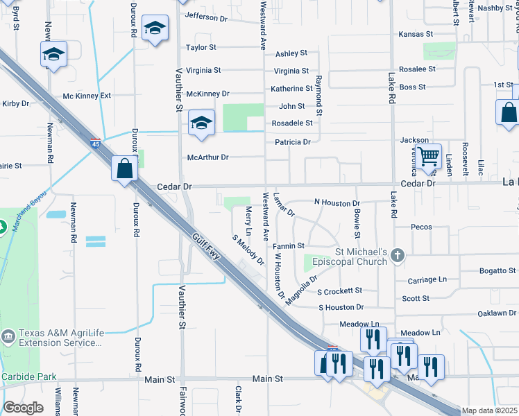 map of restaurants, bars, coffee shops, grocery stores, and more near 1302 Westward Avenue in La Marque