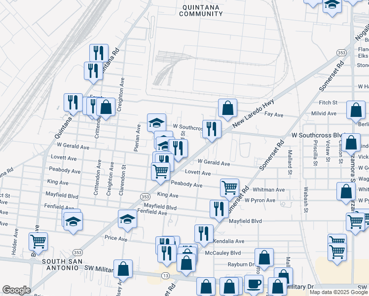 map of restaurants, bars, coffee shops, grocery stores, and more near 142 Gifford Street in San Antonio