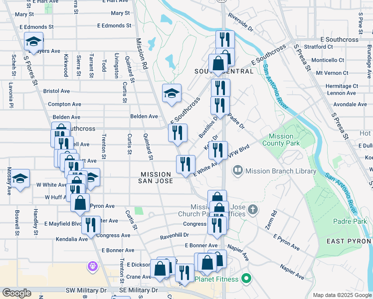 map of restaurants, bars, coffee shops, grocery stores, and more near 125 Kelly Drive in San Antonio