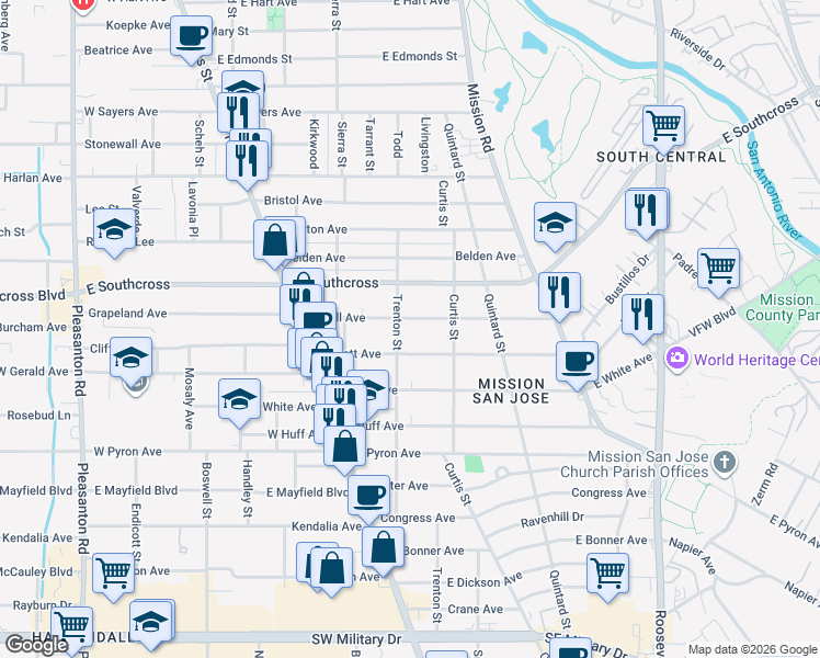 map of restaurants, bars, coffee shops, grocery stores, and more near 414 Trenton Street in San Antonio