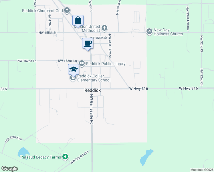 map of restaurants, bars, coffee shops, grocery stores, and more near 4261 County Road 316 in Reddick