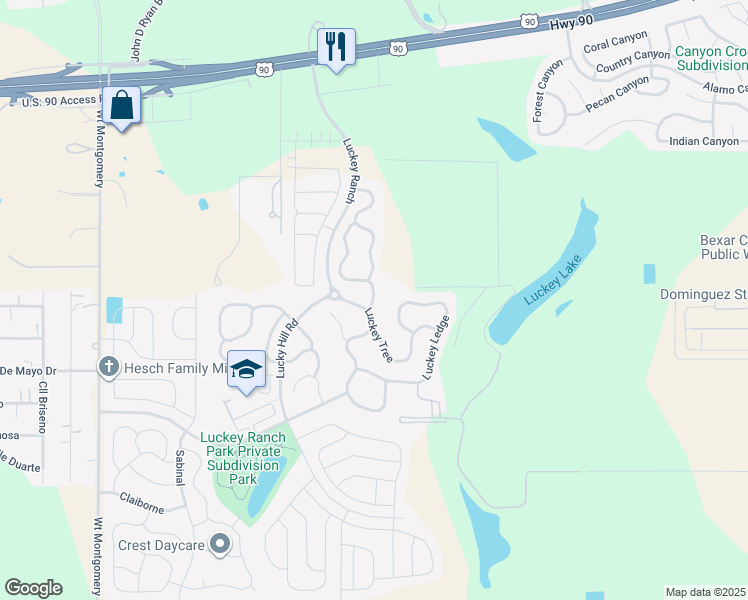 map of restaurants, bars, coffee shops, grocery stores, and more near 6815 Luckey Vista in San Antonio