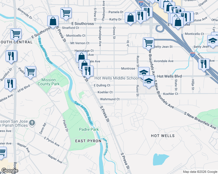 map of restaurants, bars, coffee shops, grocery stores, and more near 137 Koehler Court in San Antonio