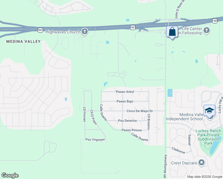 map of restaurants, bars, coffee shops, grocery stores, and more near 12735 Paseo Arbol in San Antonio