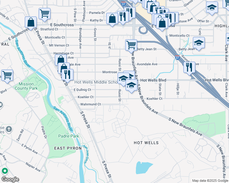 map of restaurants, bars, coffee shops, grocery stores, and more near 257 Koehler Court in San Antonio