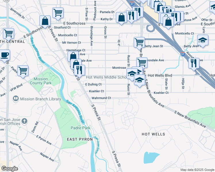 map of restaurants, bars, coffee shops, grocery stores, and more near 219 Koehler Court in San Antonio
