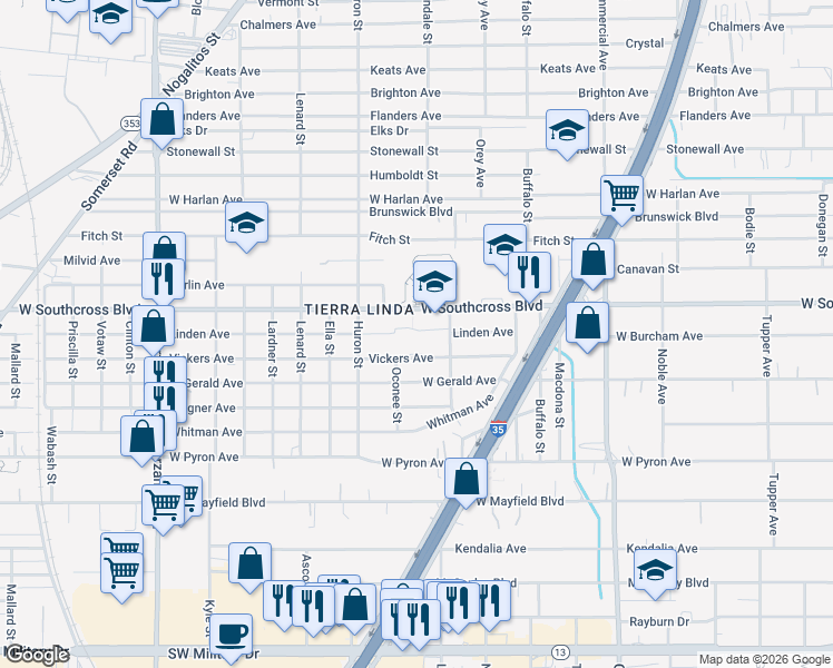 map of restaurants, bars, coffee shops, grocery stores, and more near 834 West Southcross Boulevard in San Antonio