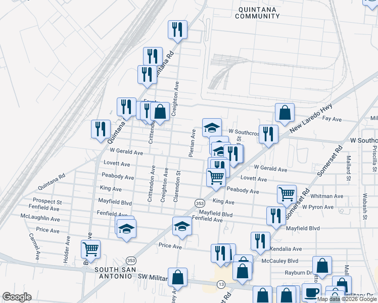 map of restaurants, bars, coffee shops, grocery stores, and more near 2903 West Gerald Avenue in San Antonio