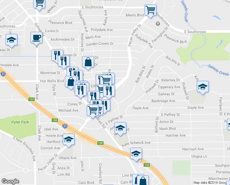 map of restaurants, bars, coffee shops, grocery stores, and more near 5818 Pecan Valley Drive in San Antonio