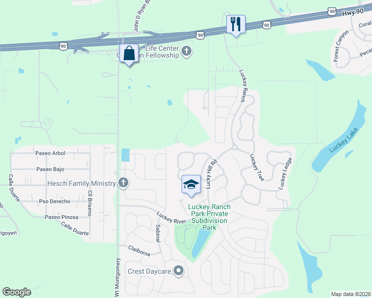 map of restaurants, bars, coffee shops, grocery stores, and more near 6530 Luckey Square in San Antonio