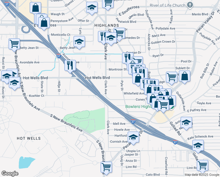 map of restaurants, bars, coffee shops, grocery stores, and more near 4622 Clark Avenue in San Antonio