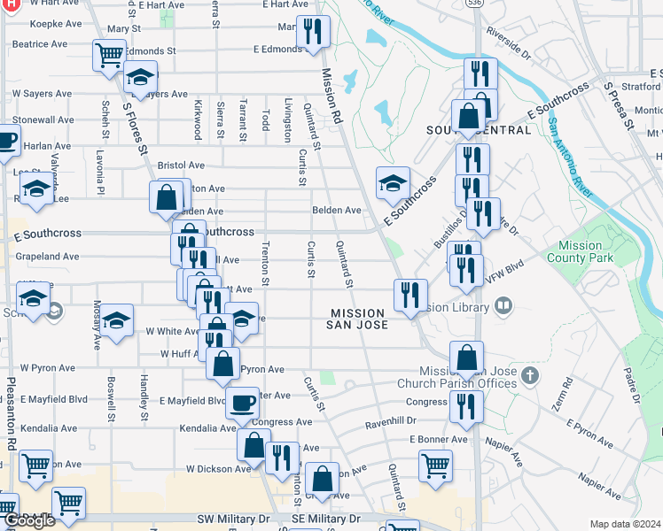 map of restaurants, bars, coffee shops, grocery stores, and more near 410 Terrell Avenue in San Antonio