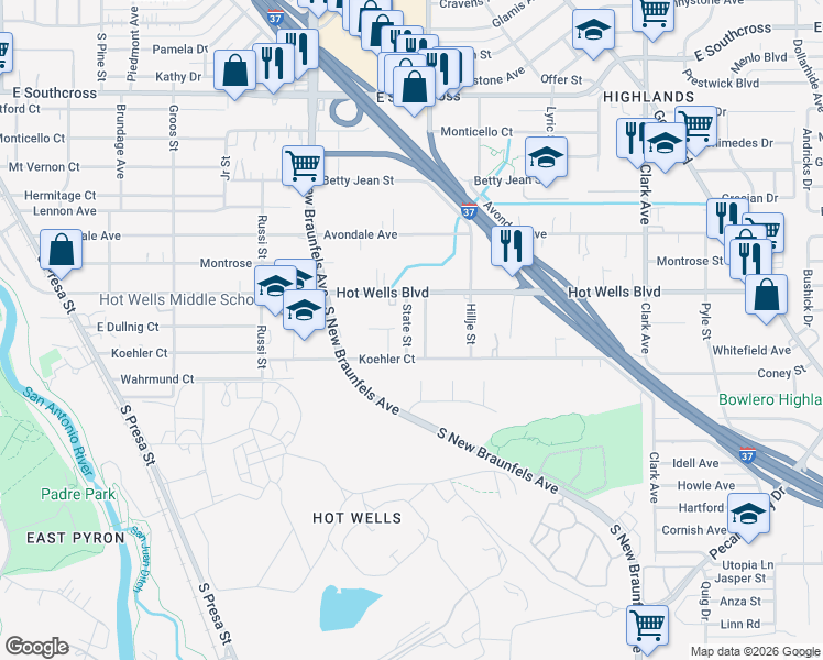 map of restaurants, bars, coffee shops, grocery stores, and more near 4937 South Gevers Street in San Antonio