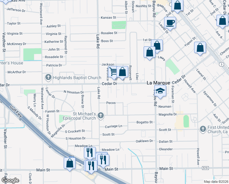 map of restaurants, bars, coffee shops, grocery stores, and more near 1303 Pirtle Street in La Marque
