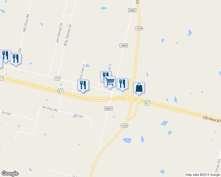 map of restaurants, bars, coffee shops, grocery stores, and more near 12195 Us Highway 87 East in San Antonio