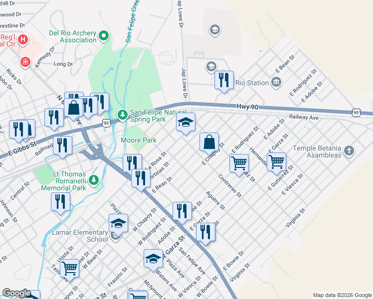 map of restaurants, bars, coffee shops, grocery stores, and more near 313 East Bean Street in Del Rio