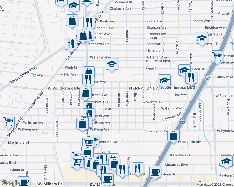 map of restaurants, bars, coffee shops, grocery stores, and more near 522 Linden Avenue in San Antonio